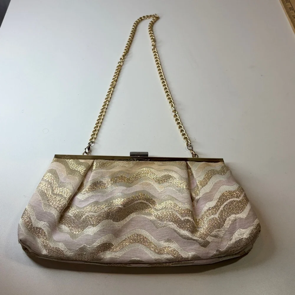 Lilly Pulitzer Gold Shimmer Cream Pink Clutch Bag w golden chain